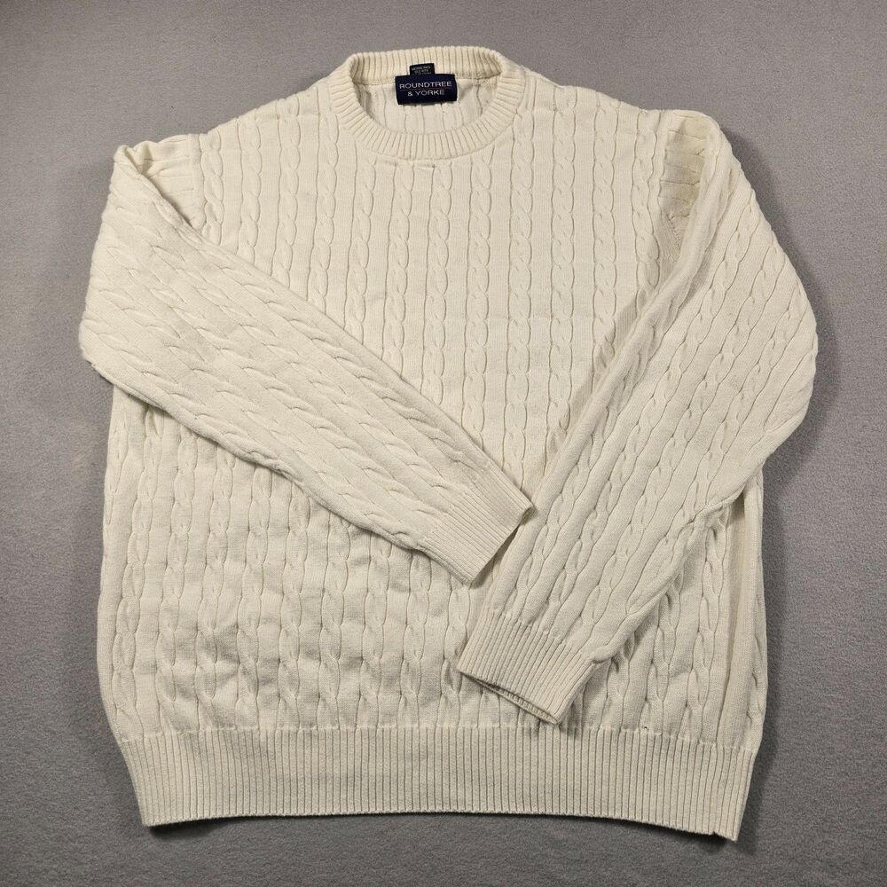 Roundtree & Yorke Men's Large Ivory Cream 100% Cotton Crewneck Sweater
